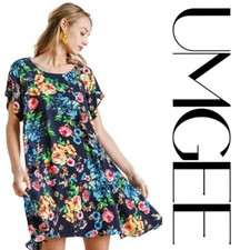 NEW S UMGEE YELLOW MIX Floral Print Round Neck Short Sleeve Pockets Dress BHCS