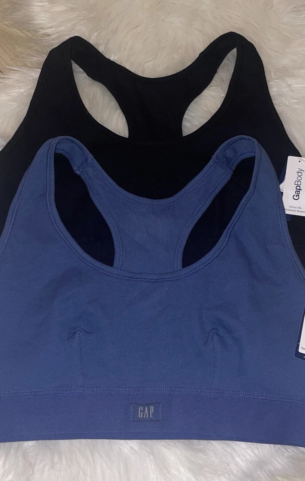 2 Sujetadores Bralettes GapBody Algodón Acanalado Espalda Corredora Mujer M Medianos Azul Negro Nuevos Foto 2 de 4