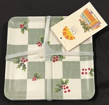 C&C California Set 4 Green & White Holly Plaid Melamine Appetizer Plates Xmas