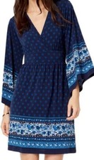 NWT $125 MICHAEL Michael Kors Border Print Bell Sleeve Dress Navy Blue XS S