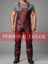 Men's Burgundy Leather Dungaree Jumpsuit Overall Bib Utility Motor Biker Uniform