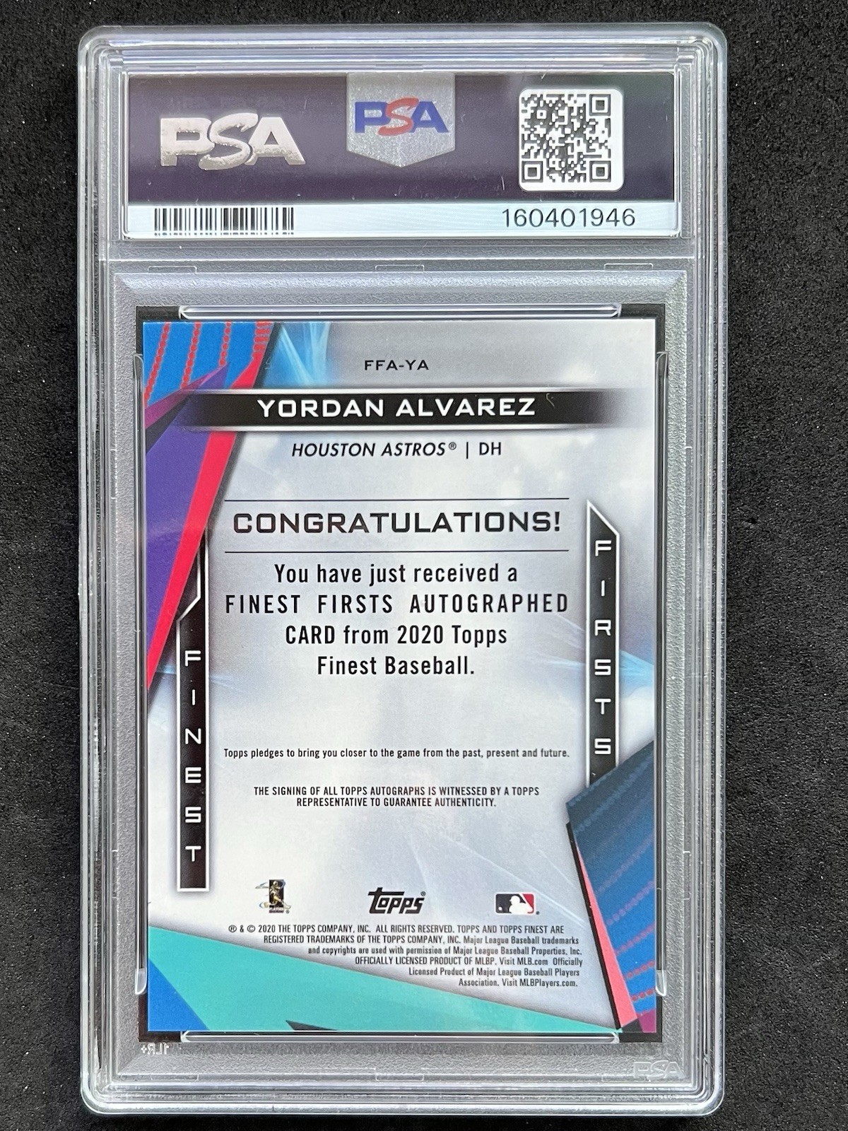 2020 Topps Finest Firsts Yordan Alvarez Auto RC Rookie #FFA-YA PSA 9 view 2