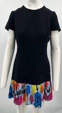 Christian Dior Black Short Sleeve Floral-Print Pleated Hem Mini Dress sz 8