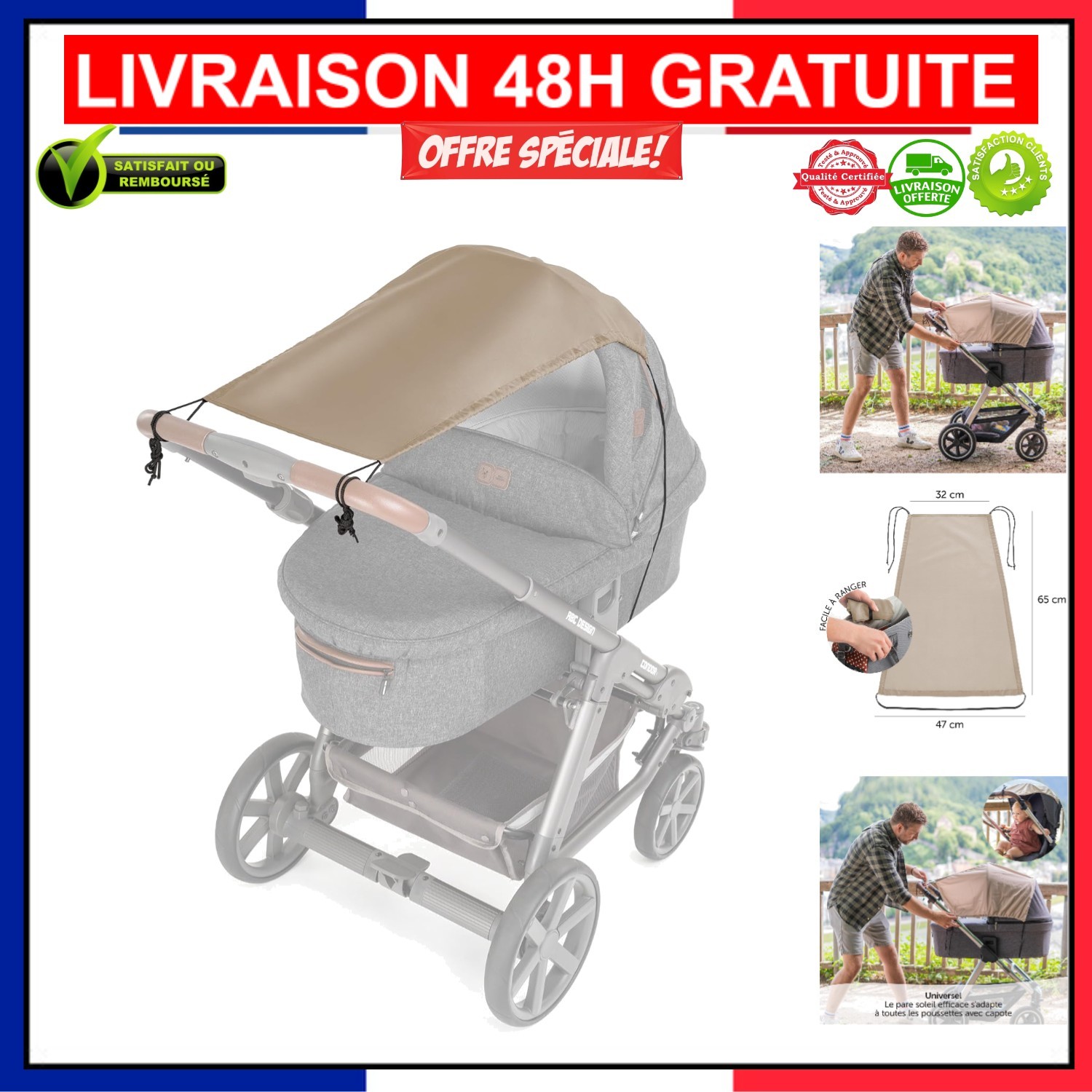 Pare-soleil Zamboo poussette réglable avec fixation élastique beige