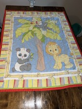 VTG Precious Moments Jungle Baby Quilt 31" x 33" Lion Panda Toucan Palm Tree
