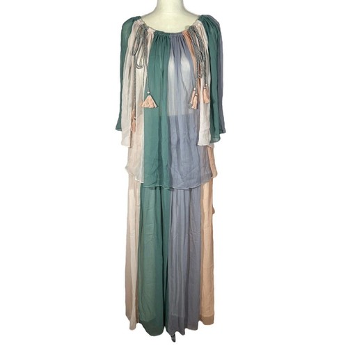 Antik Batik 2-teiliges Chiffon Pastell Bluse & Rock Set Quasten Größe 38 Small - Bild 2 von 13