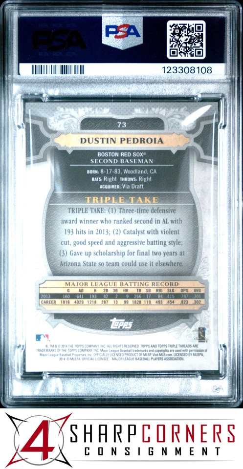 2014 TOPPS TRIPLE THREADS GOLD #73 DUSTIN PEDROIA #/99 POP 1 PSA 10 - Image 2 of 2