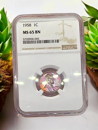 1958 Lincoln Wheat Penny Cent - NGC MS65 BN - Violet & Green Vibrant Toner!