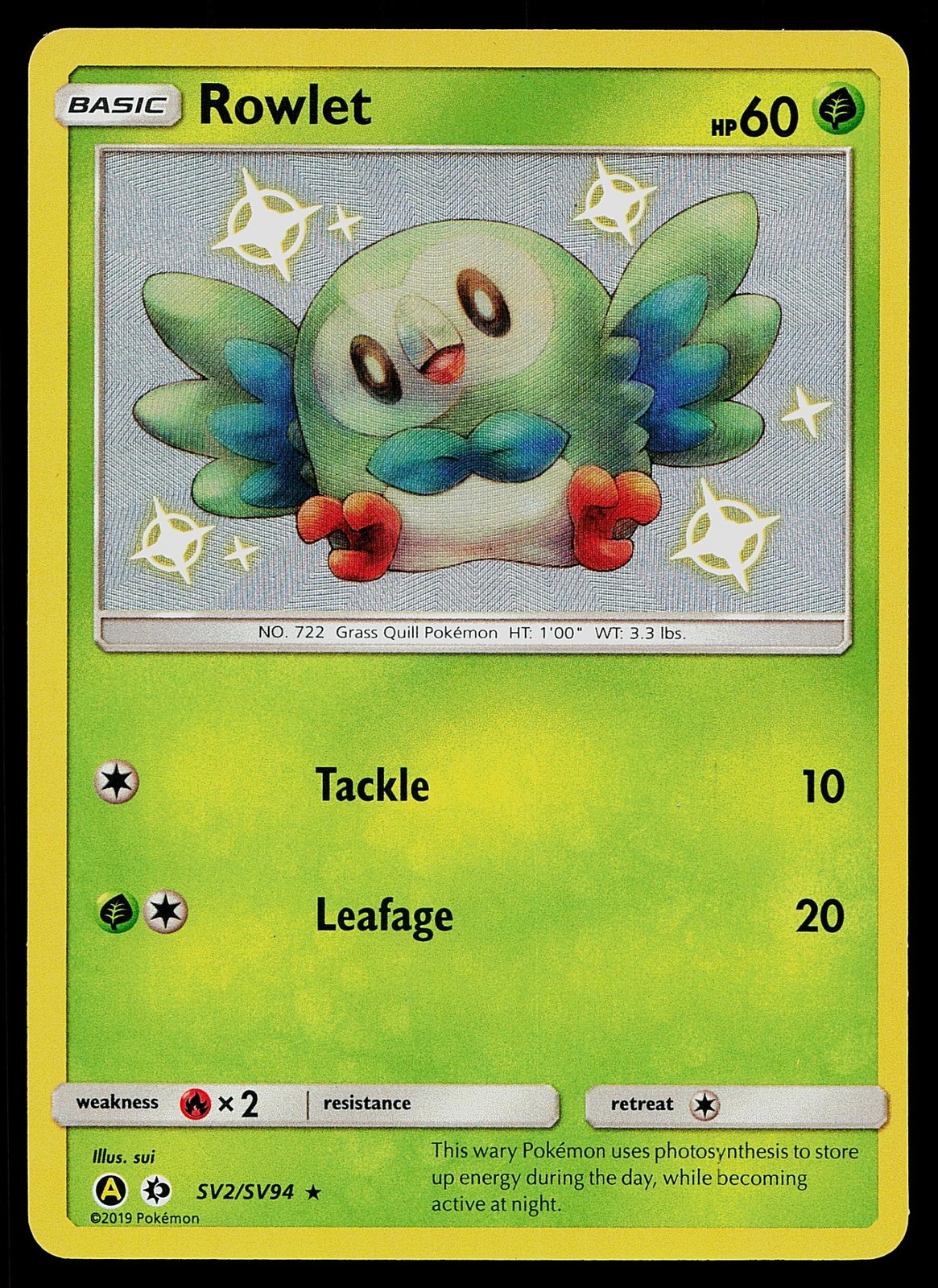 Pokemon Card Hidden Fates Shiny Vault Rowlet SV2/SV94 Rare Holo
