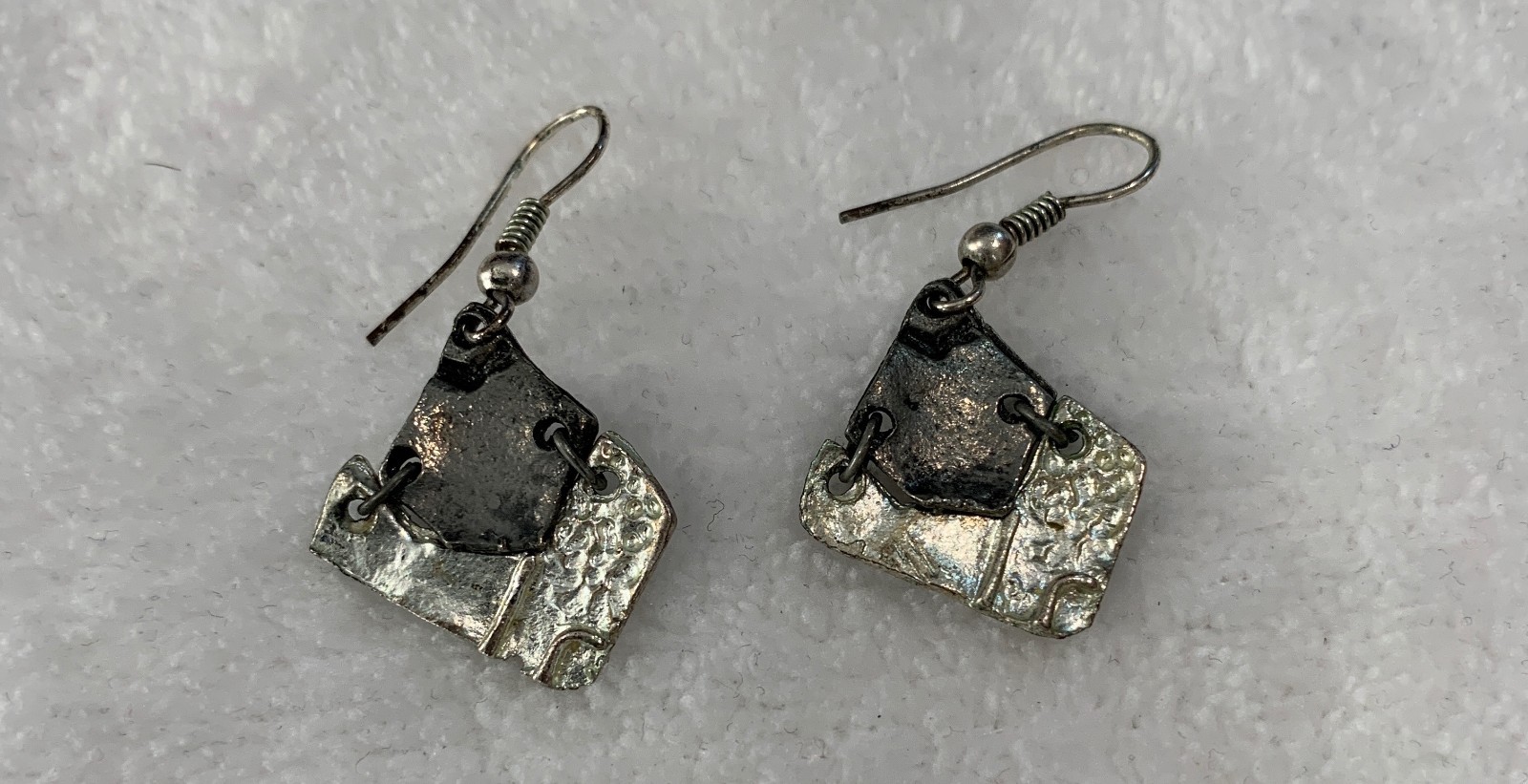 Silver Tone Abstract Hammered Triangular Drop Ear… - image 4