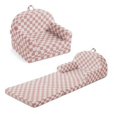 Foldable Toddler Couch, 2-in-1 Comfy Toddler Chair  Lounger Blush Checkered