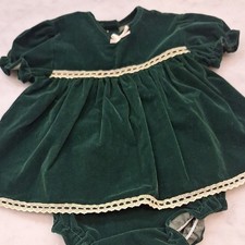 Vintage Cutest One Dk Green Velvet Baby Dress Bloomers Trim Christmas Set Sz 3-6