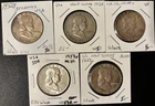 Five US Franklin Half Dollars: 1952P, 1953D, 1954P, 1958D, 1963D. Pristine coins