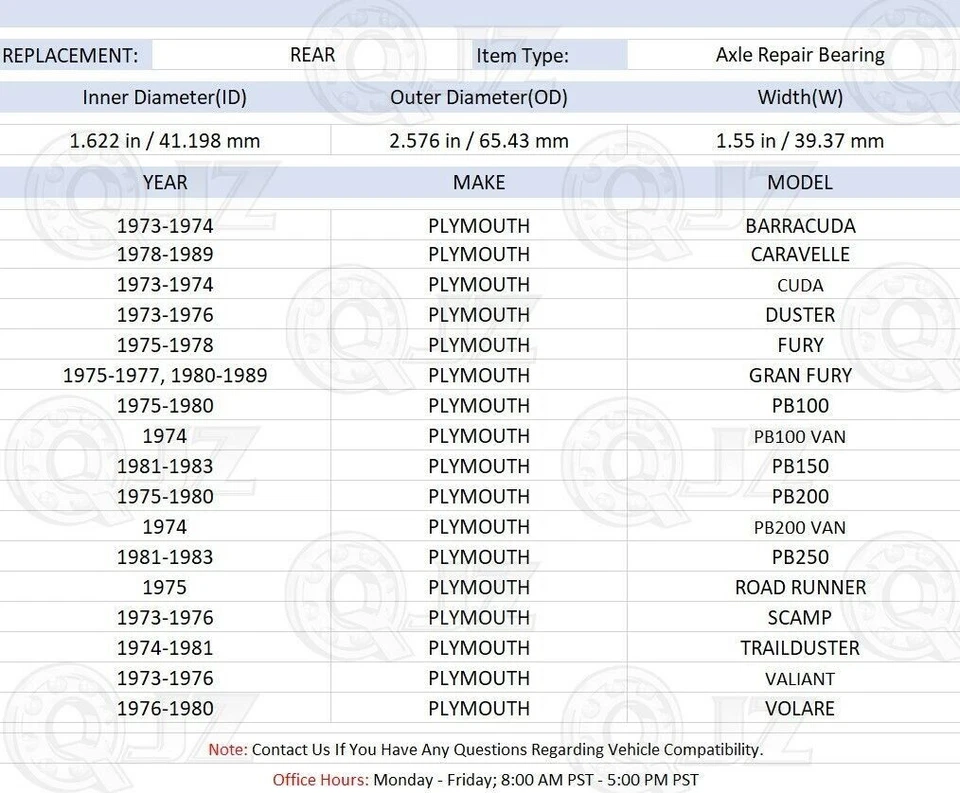 [TRASERO (cantidad 2)] Repuesto de cojinete de eje RP6408 para Plymouth Fury 1975-1978 Foto 2 de 4