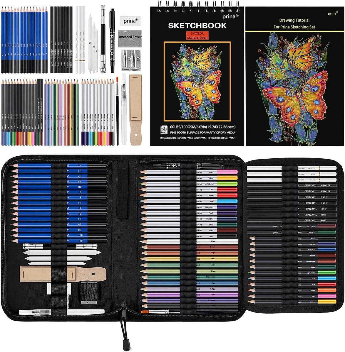 Prina 76 Pack Drawing Set Sketching Kit, Pro Art 76 Piece Set