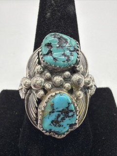 925 Sterling Silver & Turquoise Beaded Leaf Native American Ring Size 12 25.15g