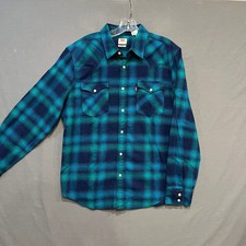 Levi's Pearl Snap Western Flannel Shirt Mens Medium Teal Navy Plaid Long Sleeve