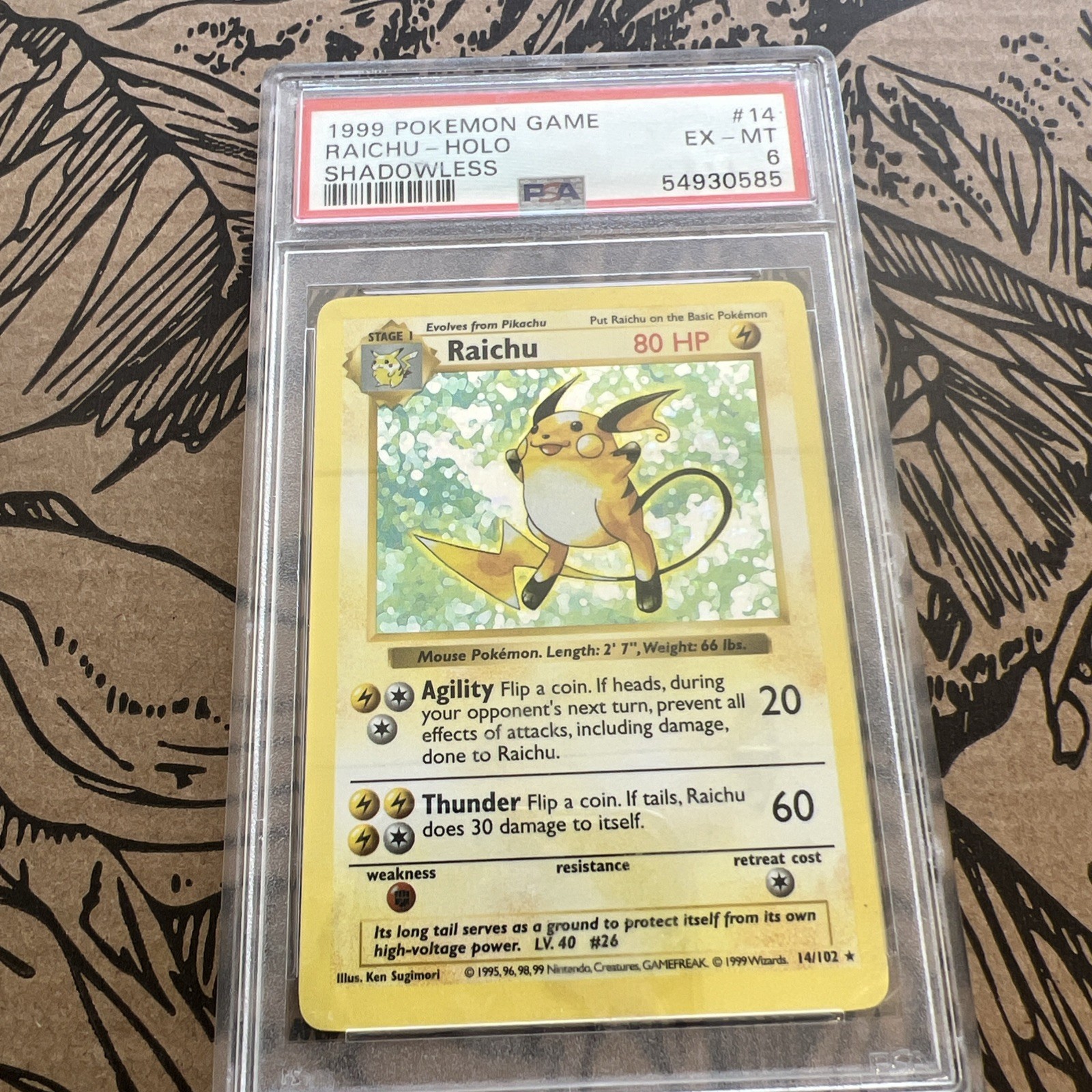 1999 Pokémon Raichu Base Set Shadowless Holo Rare 14/102 PSA 6