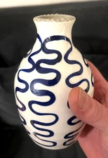 LEIF “Yves” Bud Vase Ceramic Squiggle Navy Blue White Modern Scalloped Rim 5”