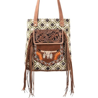 KB OHLAY KB367 TOTE Hand Tooled Upcycled Wool Canvas Genuine Leather women bag