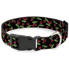 Cherries Black Dog Collar 1 inch Wide Plastic Clip Fits 11-17 inch Neck