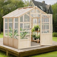 8x6FT Wooden Greenhouse Walk-in Wood Frame Outdoor Green House w/ Lockable Door