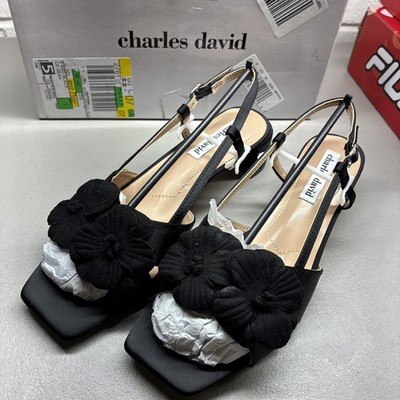 Charles David Dean Slingback Sandal Floral Top Women's Black Size US8 New In Box