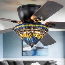 Tiffany Style Green Blue Stained Glass Dragonfly Lighted Ceiling Fan with Remote