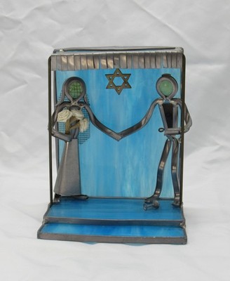 VTG Stained Glass Jewish Wedding Couple Under Chuppah - Preowned Blue Glass