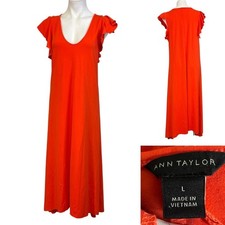 Ann Taylor maxi dress L orange flutter sleeve full length office business casual