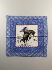 Vintage Handkerchief Blue Cowboy Bronco Western Bandana Print Plaid Border USA
