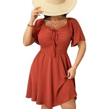 Plus Size Summer Dress Short Sleeve Tie Front Sweetheart Neckline Wrap A-Line...