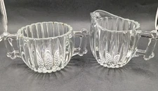 Jeanette Ribbed Glass Creamer and Open Sugar Bowl Neat Handles Bubble Bottoms