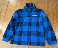 Columbia Boys Blue Black Plaid Fleece Zip Jacket, Pockets, Collared XS 6/7