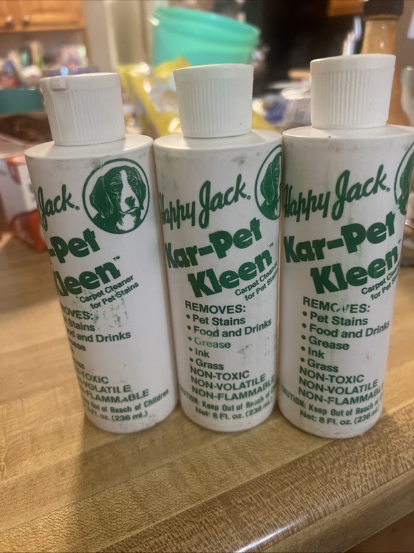 3 Bottles HAPPY JACK ( Kar-pet Cleaner ) 8 FL OZ. pet stains Grease Ink Grass.
