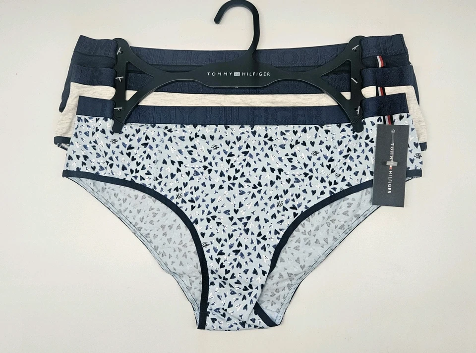 TOMMY HILFIGER 3 件装女式 S M L 标志棉质 Cheeky Hipster 内裤海军蓝 — 第 2/4 张图片
