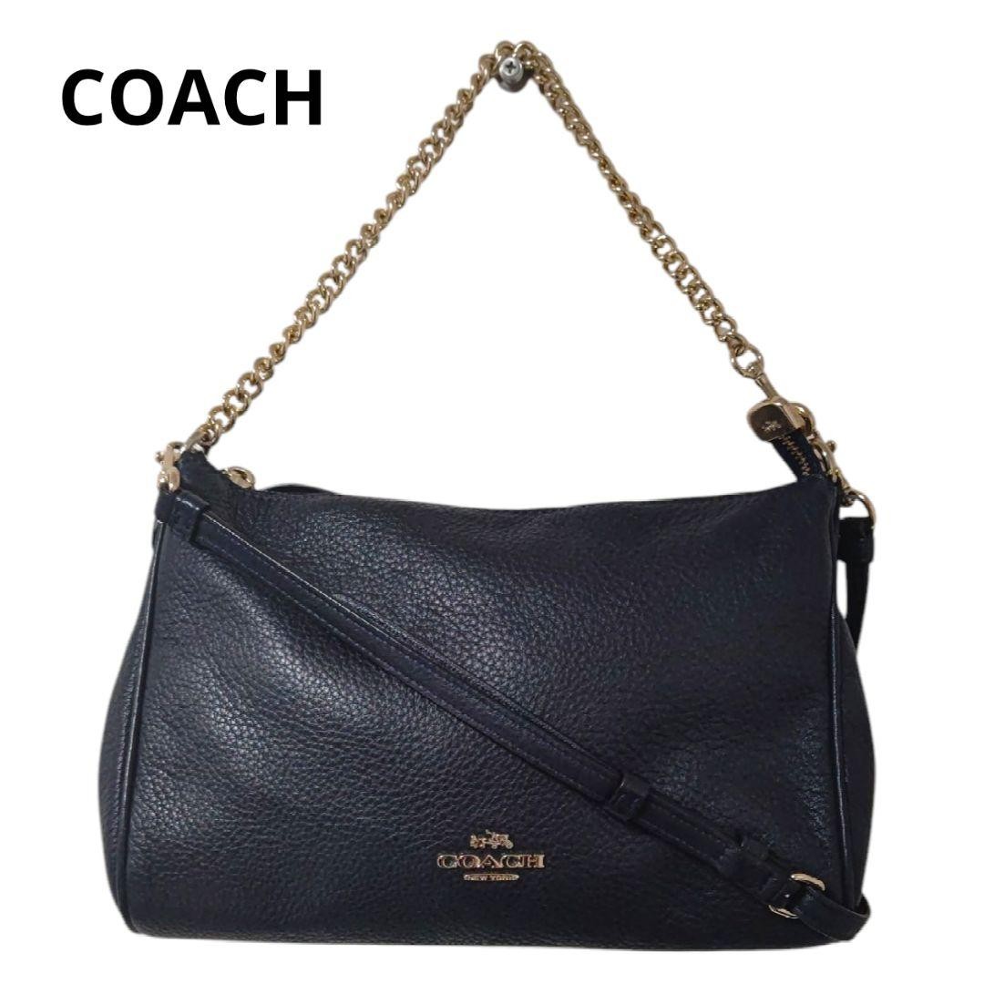 Coach Navy Leather Shoulder Bag with Gold Chain Strap Pre-Owned