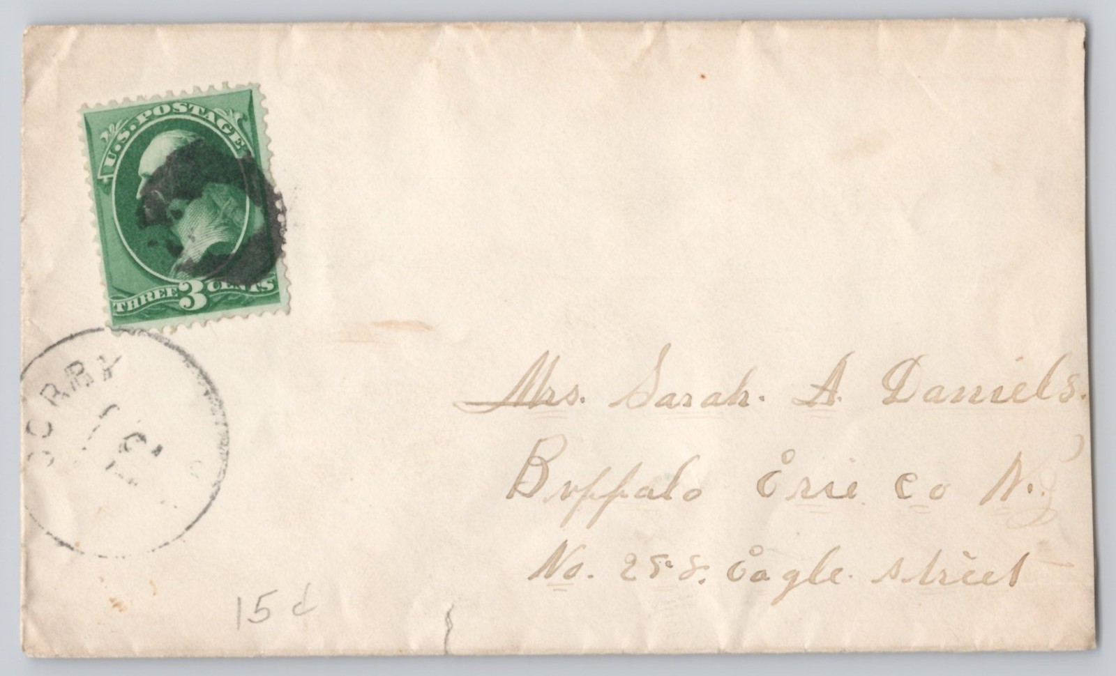 Mrs Sarah A. Daniels addressed envelope, 3c Washington stamp, circular cancel
