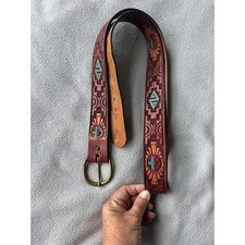Vintage Chambers Genuine Leather Belt Mens 44 Tooled Aztec Western 80s