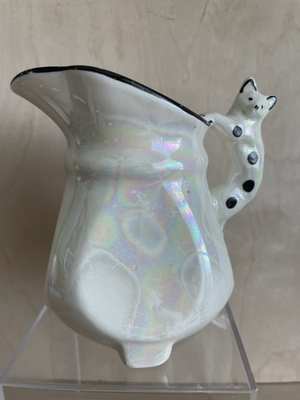 #ad #ad Vintage Iridescent Cat Handle Creamer Pitcher White Lusterware Ceramic 4.25” $15.00