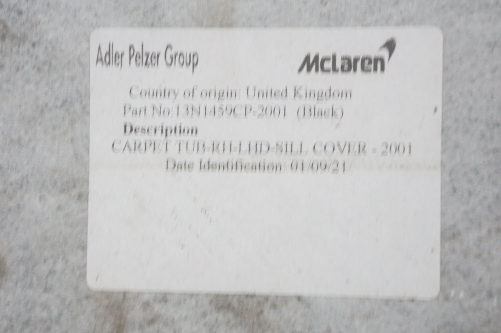 McLaren GT 2022 Carpets Set Black P/N 13N1459CP