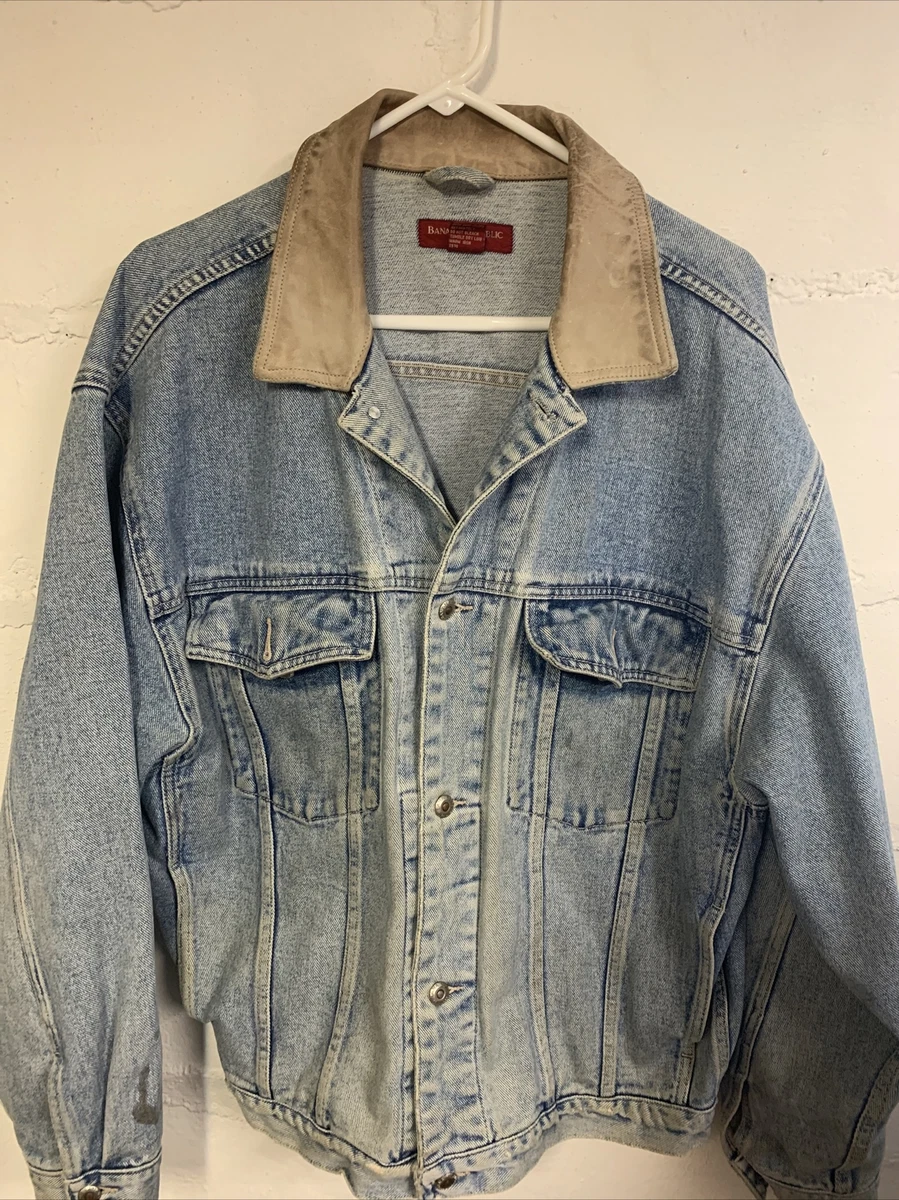 Vintage Banana Republic Denim Jean Jacket Leather Collar Adventure