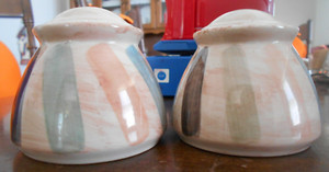 Teramo Salt Pepper Set 2 3/4" H Pfaltzgraff Stoneware Tan Orange Green Purple !