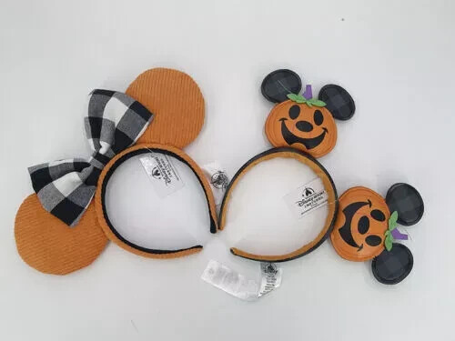 Headband Orange Ears 2021 Disney Parks Pumpkin Black White Check Jack O' Lantern - Picture 1 of 5