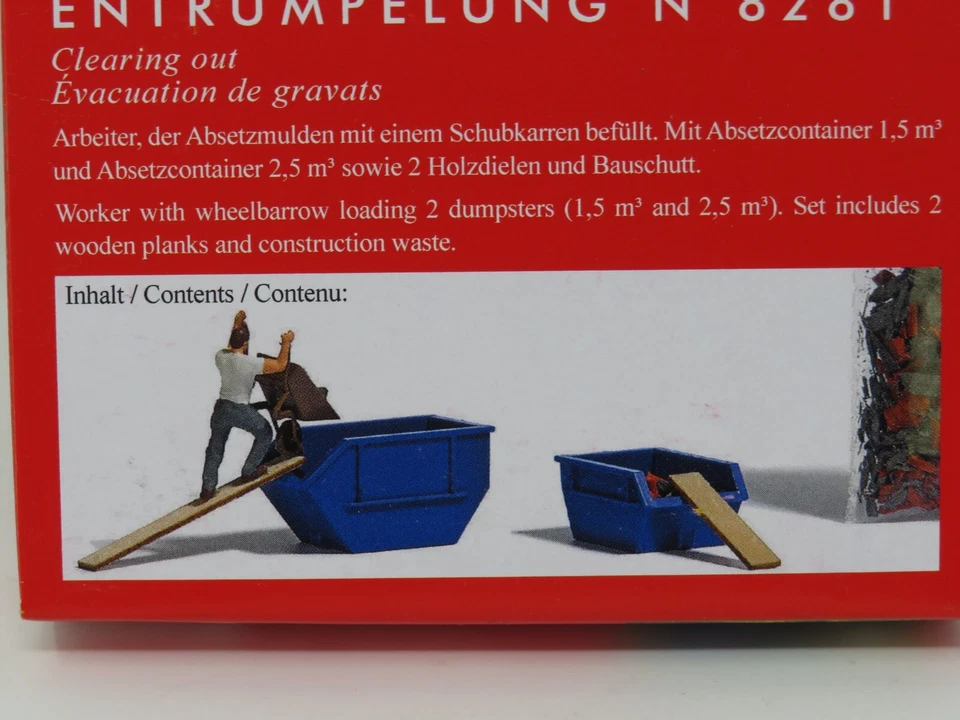 Busch N 8281 Juego de figuras de escena de basura de carretilla de trabajador de contenedores de basura con techo abierto Foto 2 de 3