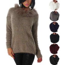 Damen langer Pullover Kunstfell Kragen Strick Fransen flauschig kuschelig 38-40