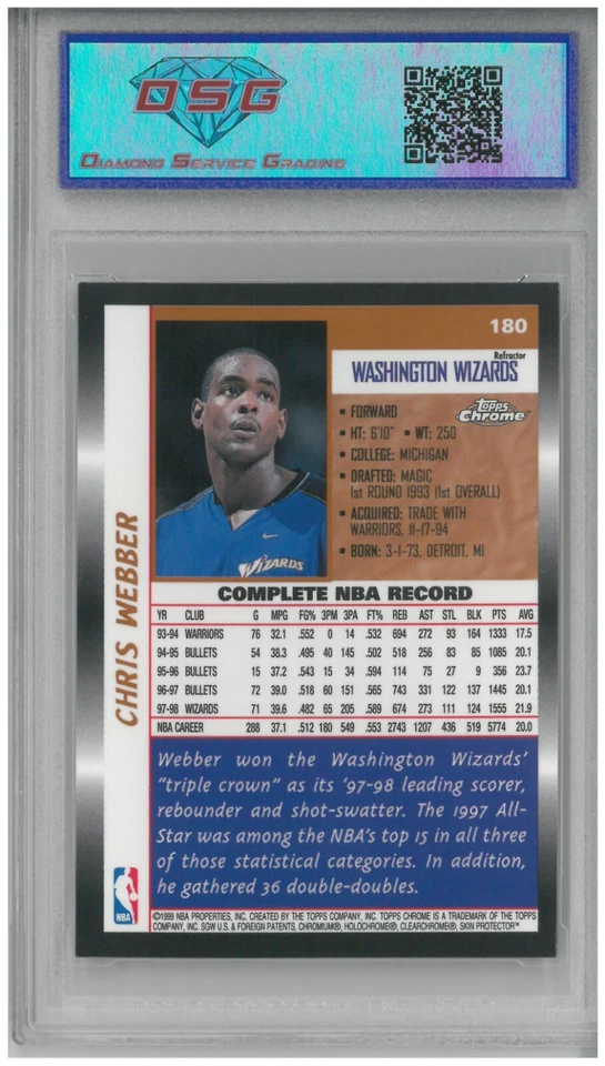 1998-99 Topps Chrome CHRIS WEBBER #180 Refractor 💎 DSG 9 Mint - Image 2 of 2