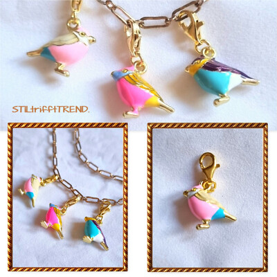 CHARM ANHÄNGER VOGEL VÖGEL gold türkis rosa Karabiner 925 SILBER  24K-VERGOLDET