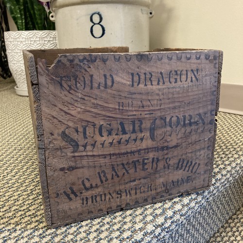 Antique Wooden Crate Gold Dragon Sugar Corn Baxter Brunswick Maine Wood Can Box - 第 16/18 張圖片