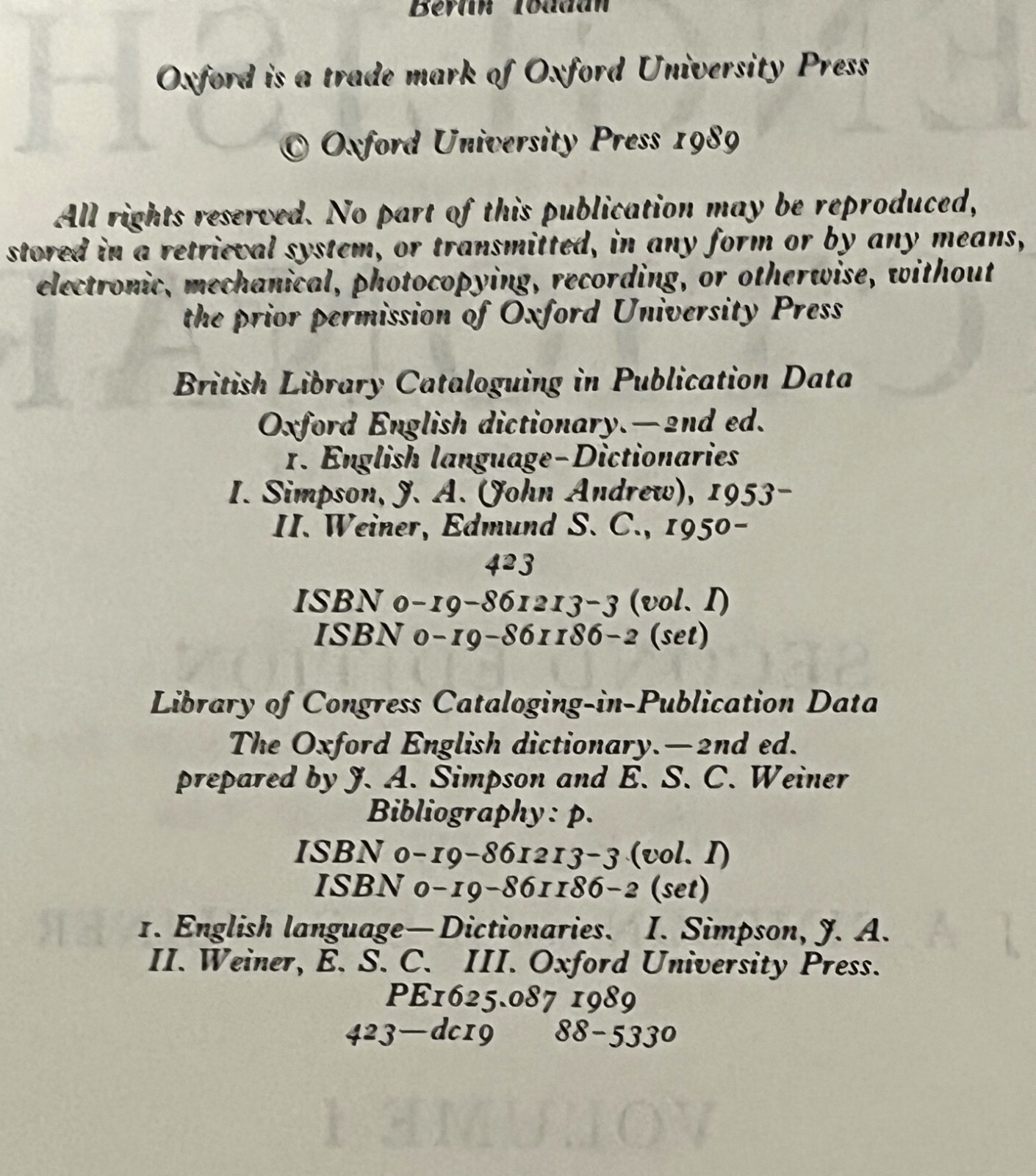 1989 The Oxford English Dictionary 2nd ed. 20 volumes Complete Solid